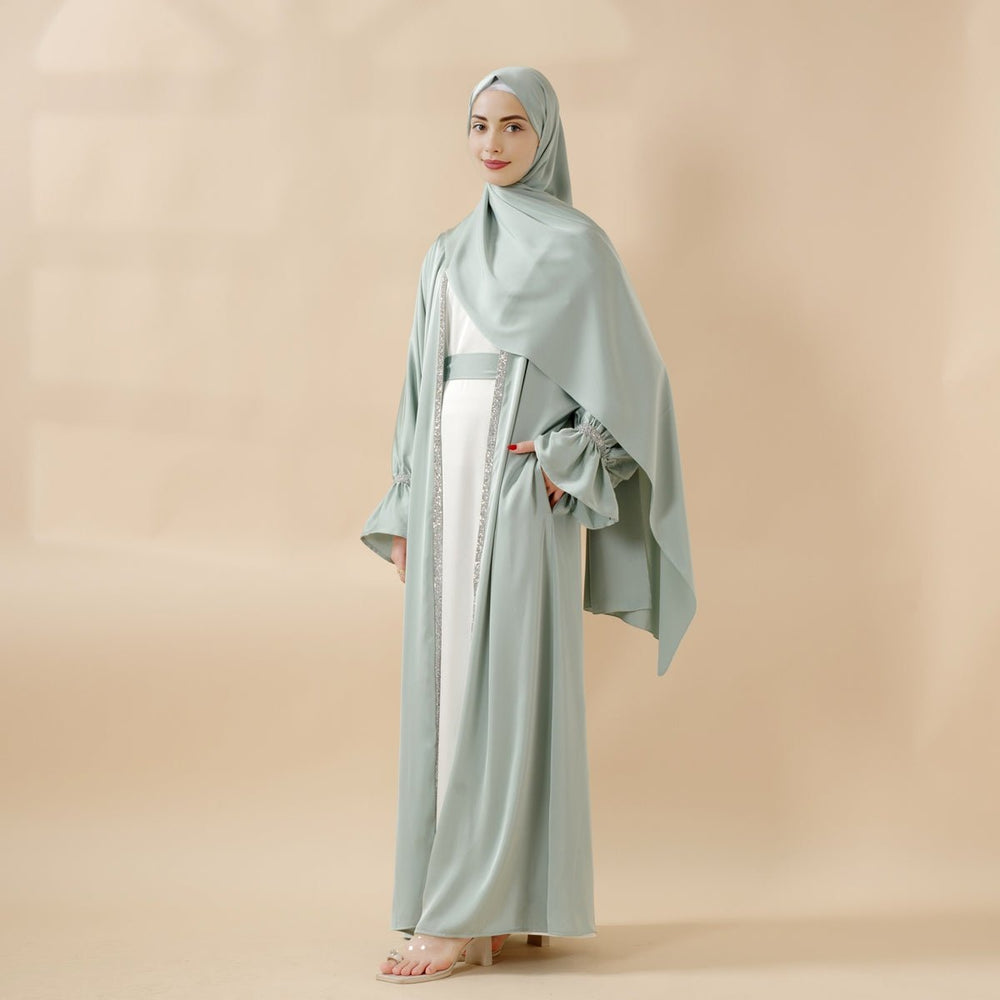 Poet Sleeve Satin Open Abaya With Matching Belt and Hijab (MOA009)